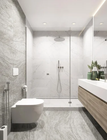 Renoveret badeværelse med ny gulvvarme, vådrumssikring og funktionel opbevaring