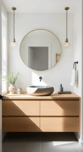 Stort badeværelsesspejl der dækker hele væggen bag vasken