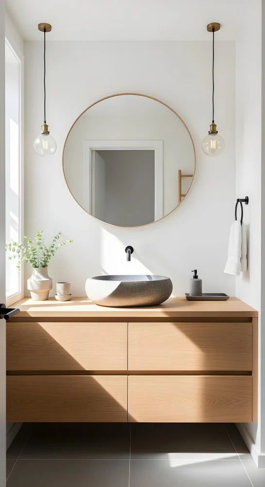 Stort badeværelsesspejl der dækker hele væggen bag vasken