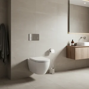 Væghængt toilet monteret på væg i moderne badeværelse