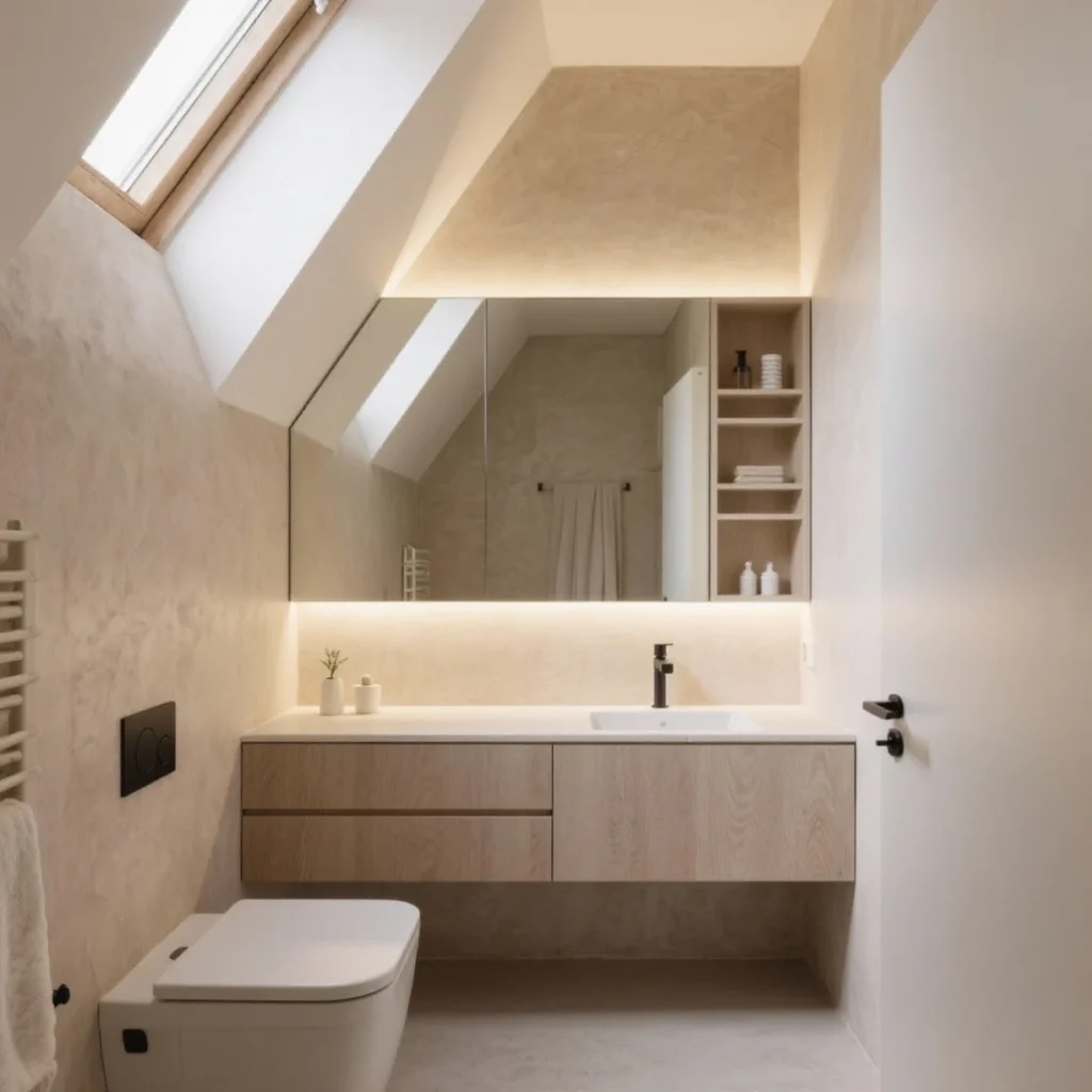 Lille badeværelse med skråvæg og lyse fliser, der skaber rummelighed.