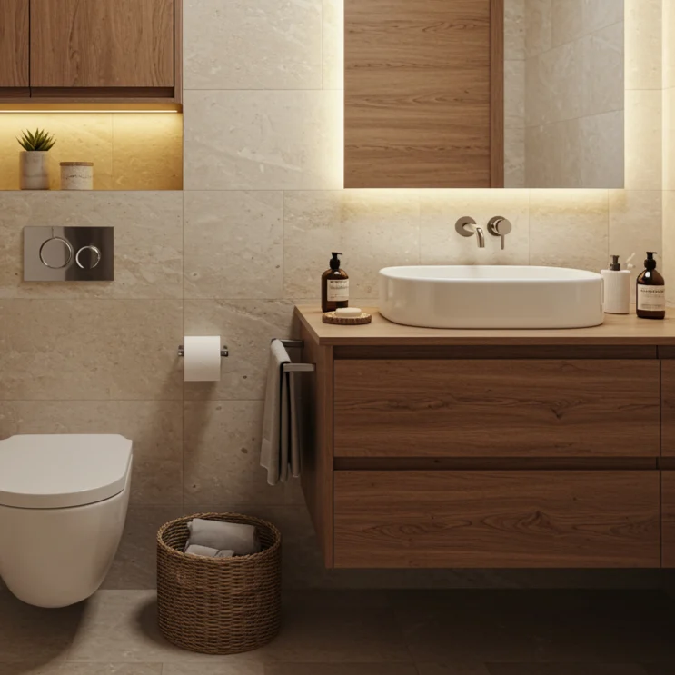 Moderne badeværelse med naturlige materialer og varme farver