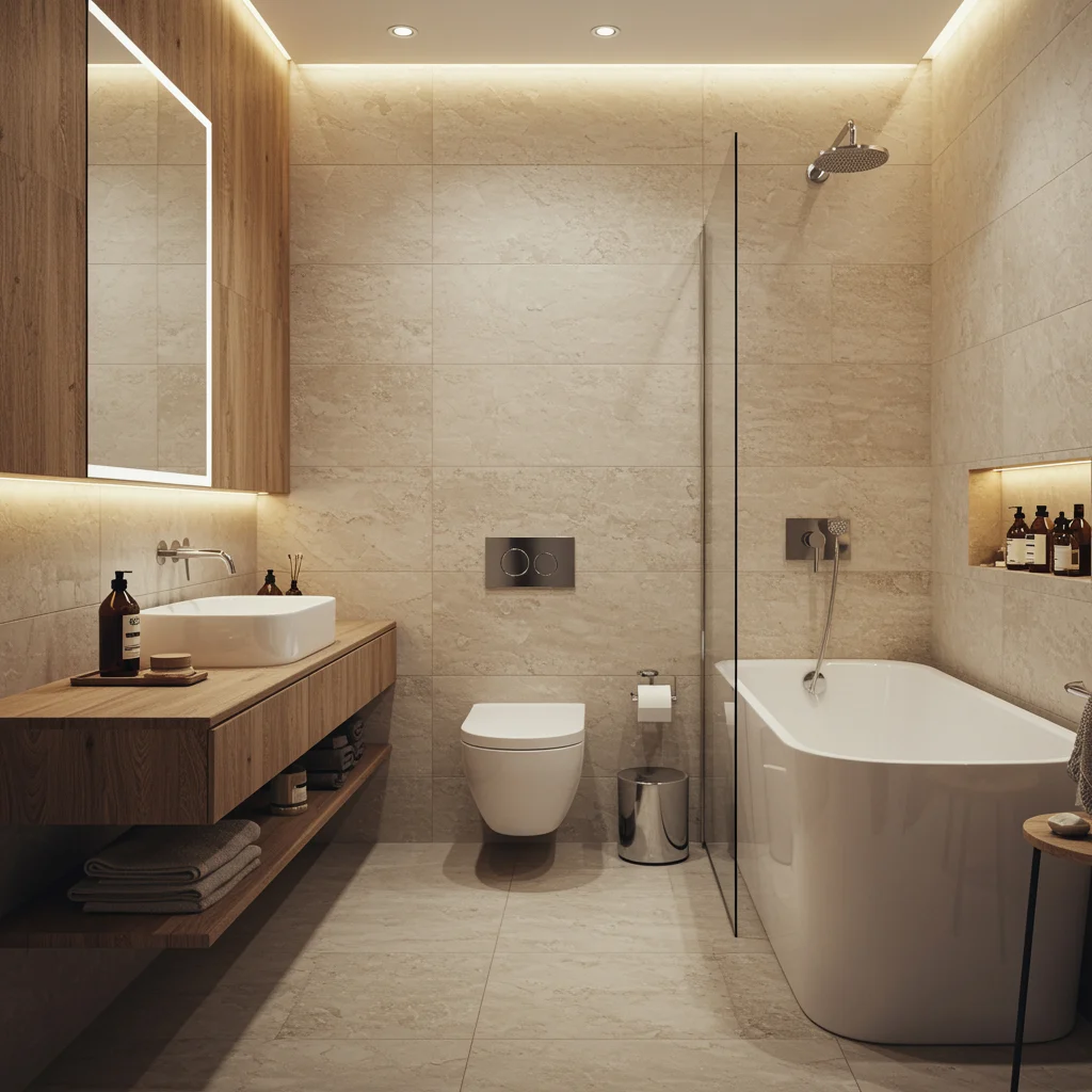 Badeværelse med store fliser og ensartede overflader i lys tone