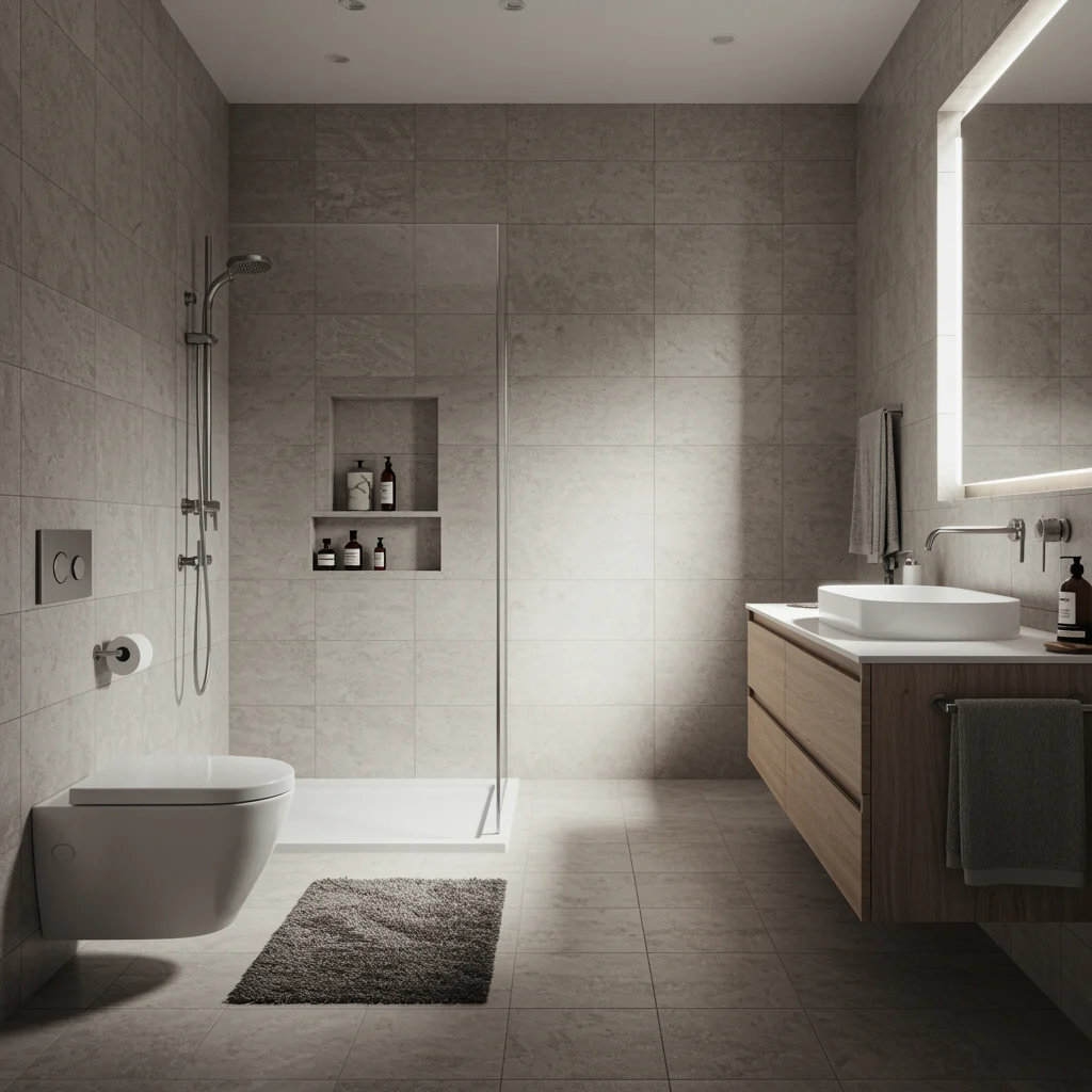 Badeværelse med nye fuger, der giver et ensartet og velholdt udtryk