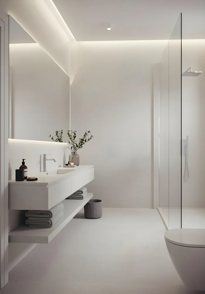 Moderne badeværelse med vandbesparende løsninger og funktionelt design