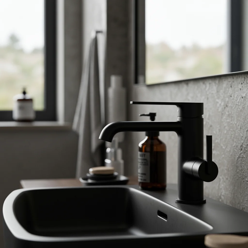 Sort armatur ved håndvask i moderne badeværelse
