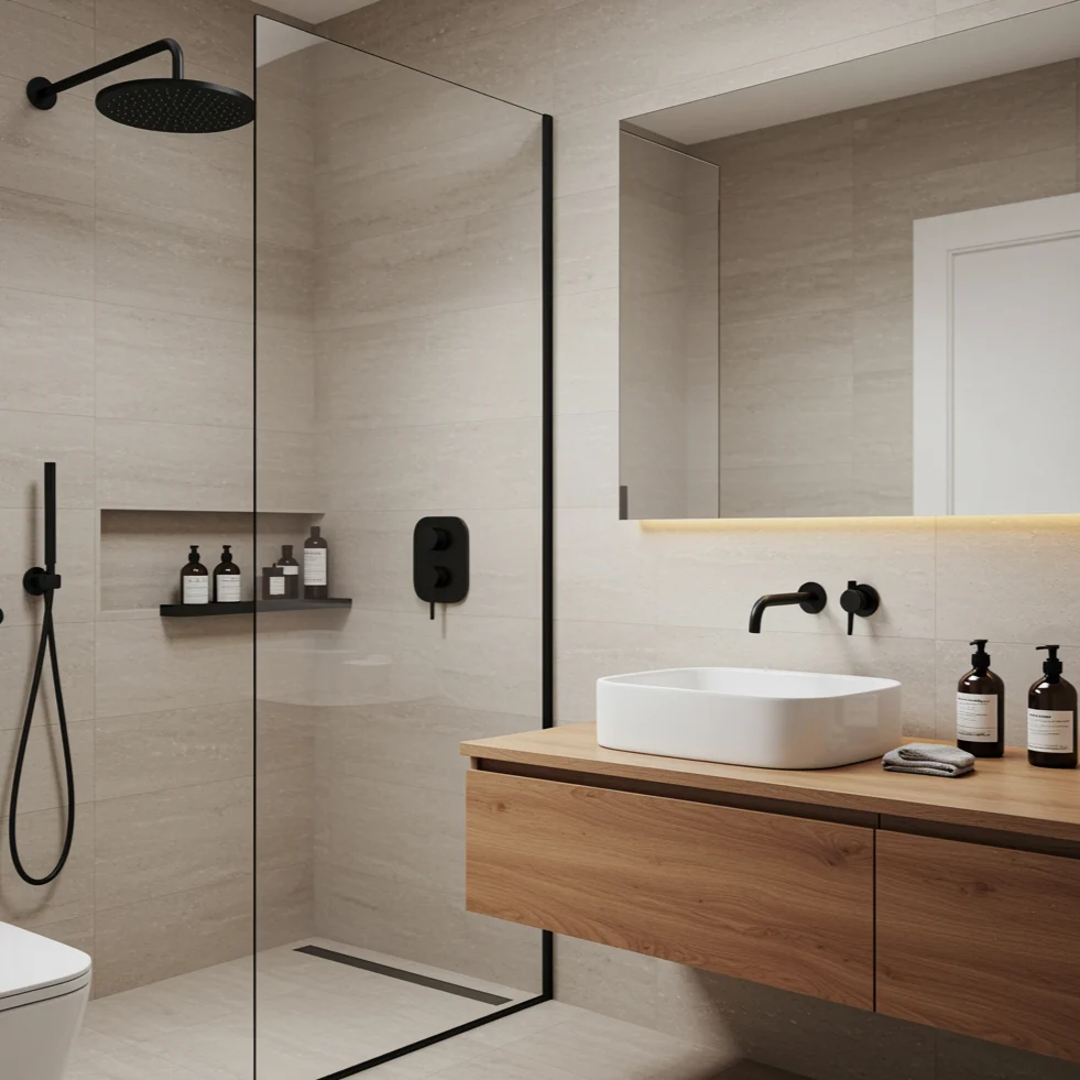 Moderne badeværelse med sort armatur og nordisk design