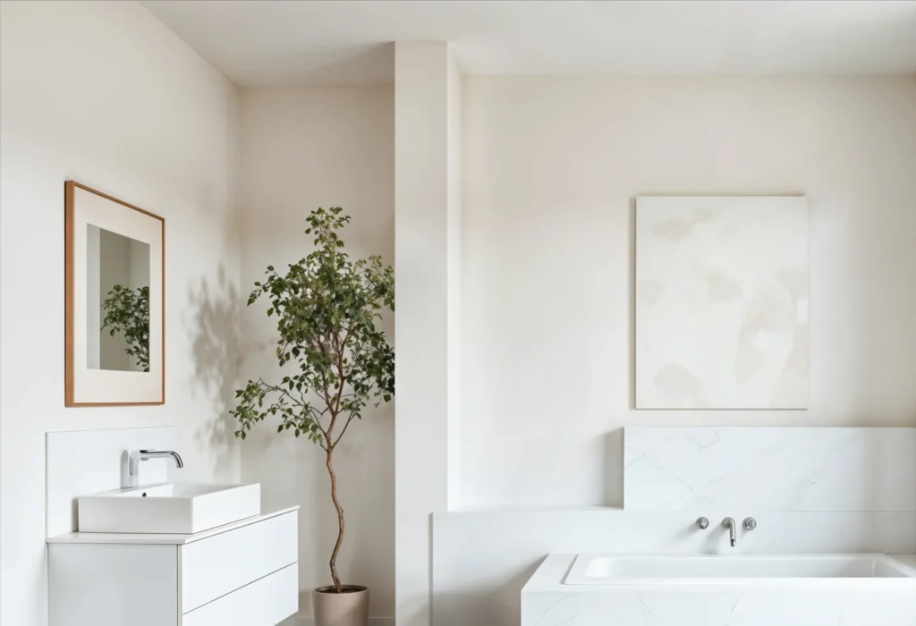 Badeværelse med microcement i varme beige nuancer